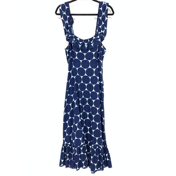 Kate Spade Polka Dot Print Ruffle Midi Dress Womens Size Large Blue Two Tone - Picture 1 of 8